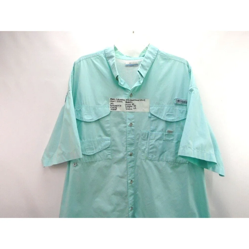 Columbia PFG Bonehead Shirt XXL Men Teal Short Sleeve Fishing Vented Relaxed Fit - Picture 2 of 9